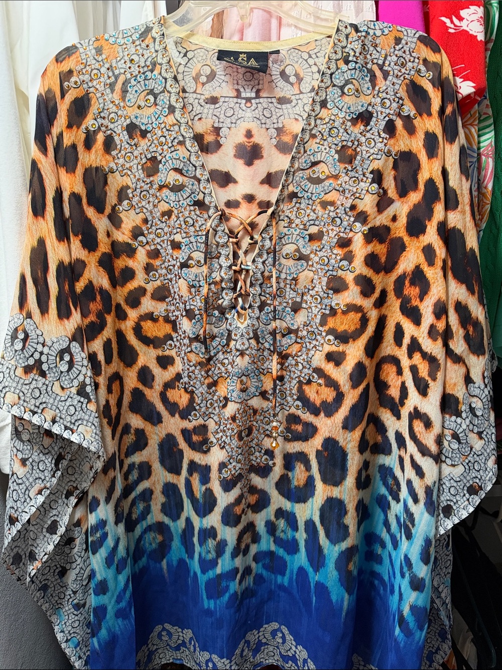 Animal Print Tunic with Beaded Lace-Up Neckline